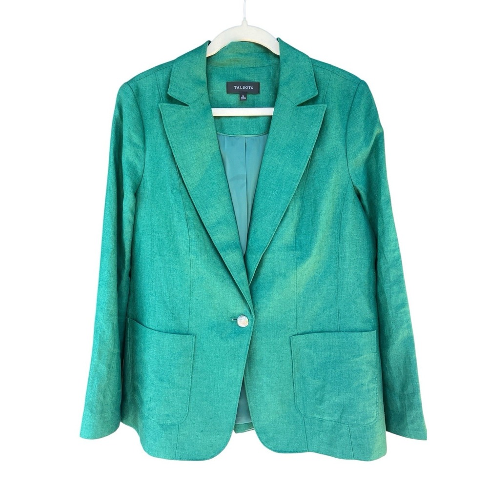 Talbots Green Linen Classic Summer Blazer Women's Size 12 Silver Crest Buttons